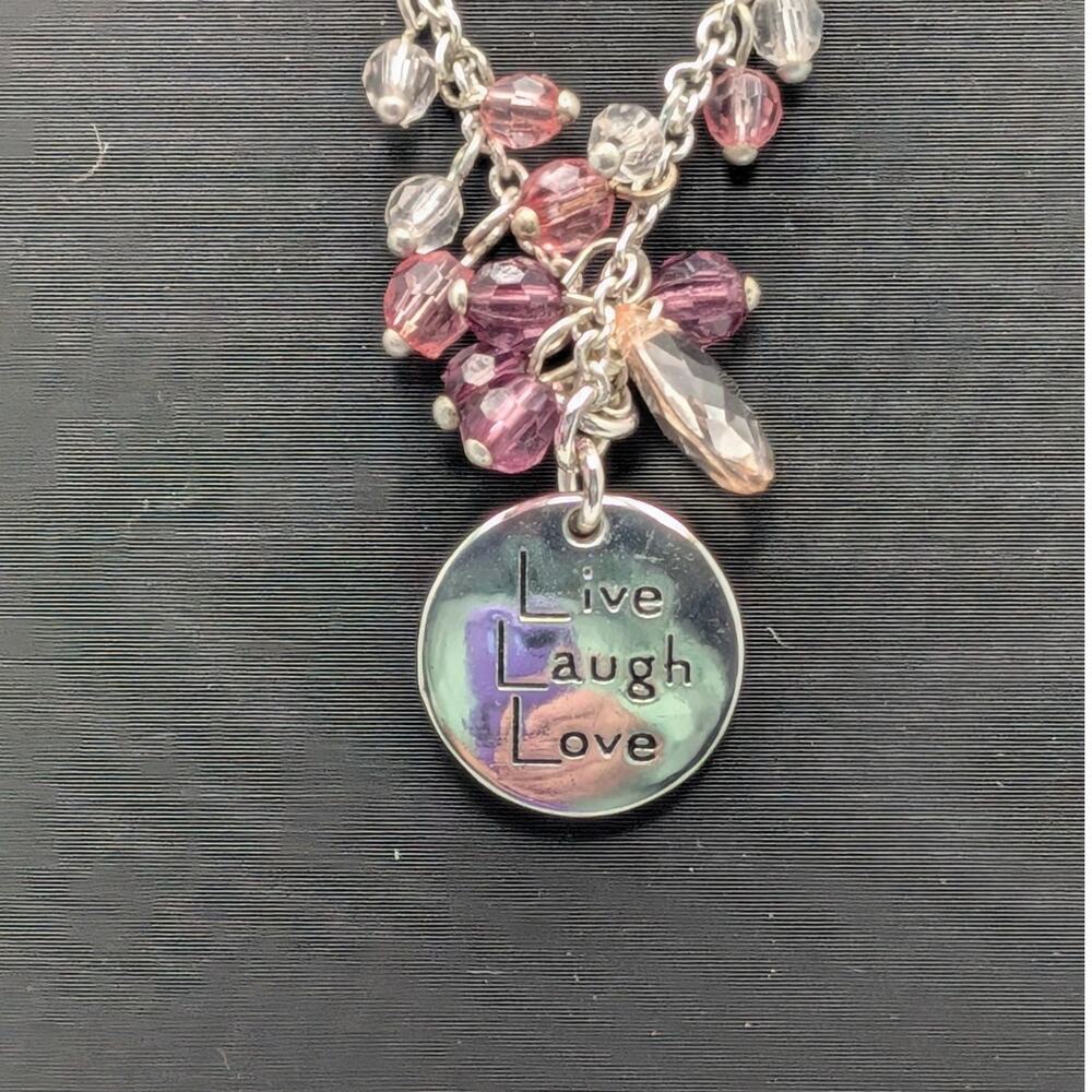 Live Laugh Love Beaded Necklace Silver Tone Purple Pink Crystal Charms 16 Inch